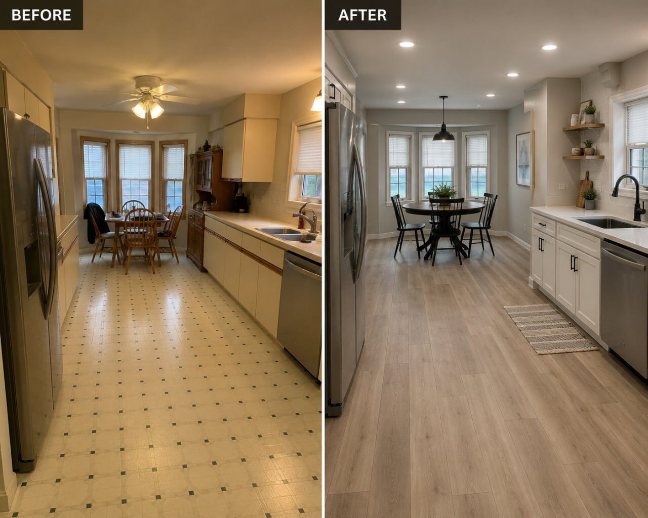 Flooring and kitchen refresh before and after